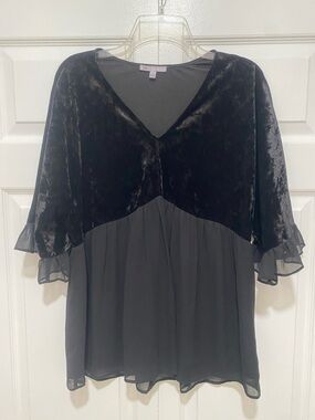 Flowy Black Velvet & Chiffon V-Neck Women's Top
